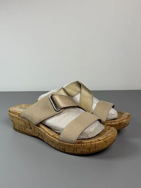 Hush Puppies Bounce COCO Beige Leather Sandals 10M Cork Wedge Slides Comfort